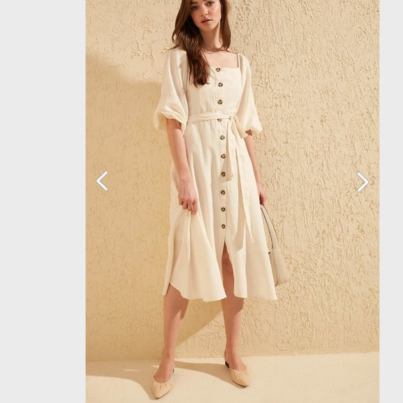 Organic Ecru Belted Buttoned Maxi Dress - Picture 6 of 10